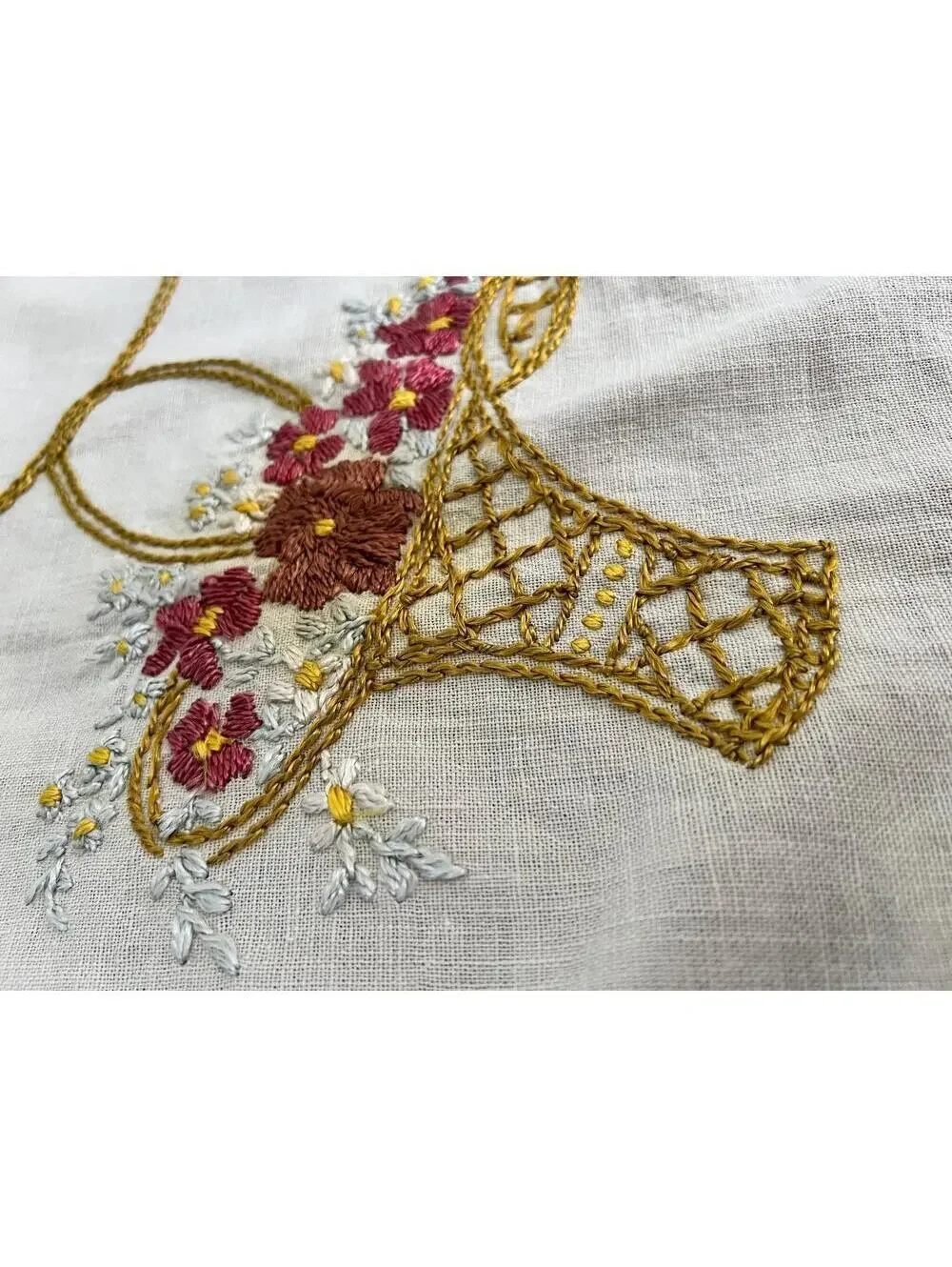 Vintage Embroidered Linen Doily | Floral Crochet Lace Table Topper